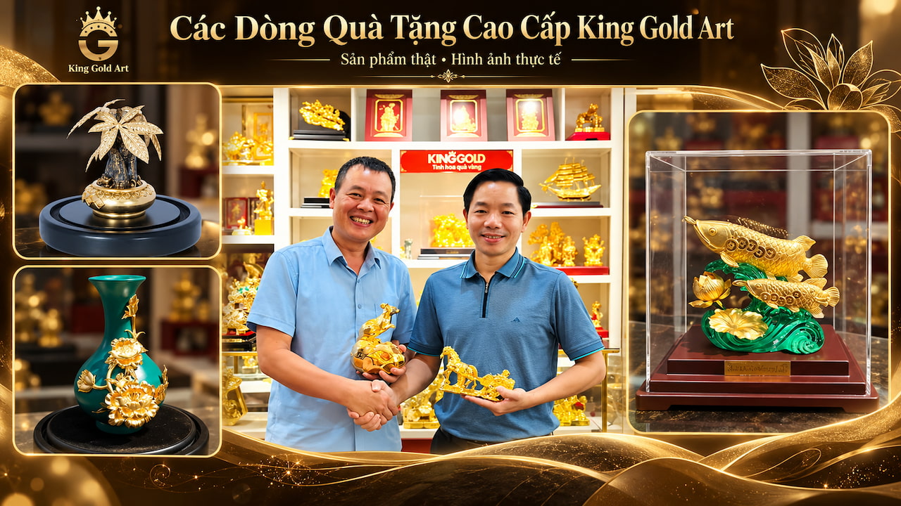 Các dòng quà tặng cao cấp King Gold Art gồm cây vàng nghệ thuật, bình hoa trang trí, tượng cá vàng và hình ảnh khách hàng tại showroom