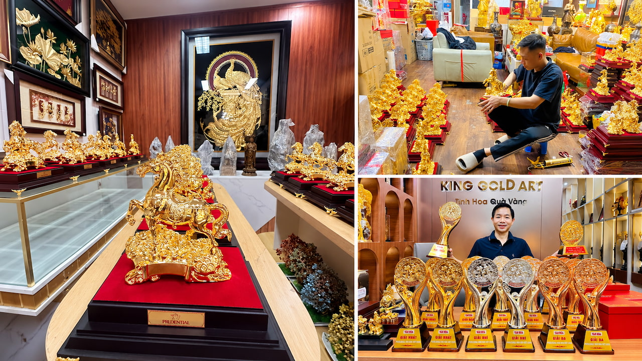 Hình ảnh thực tế showroom quà tặng cao cấp King Gold Art với tượng ngựa mạ vàng, nhân viên hoàn thiện sản phẩm và các mẫu cúp vinh danh