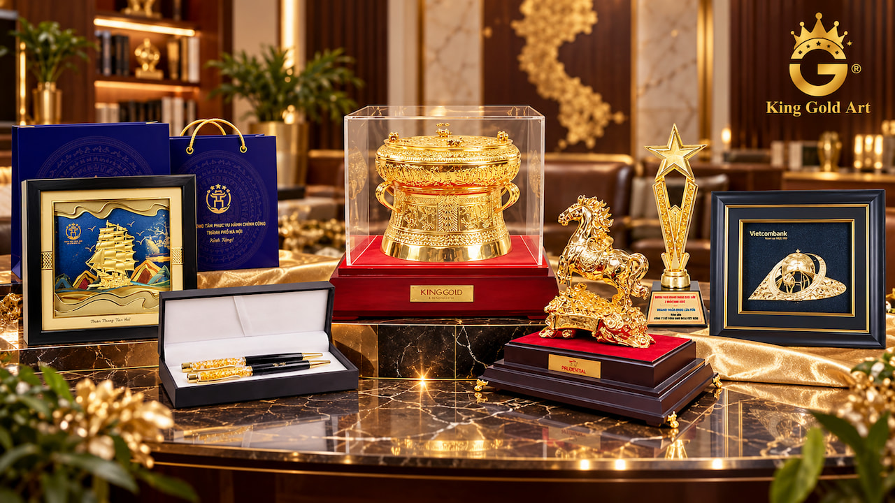 Sáu gợi ý set quà tặng doanh nghiệp cao cấp gồm tranh thuyền buồm, tượng ngựa, trống đồng, cúp vinh danh, bút ký và mô hình