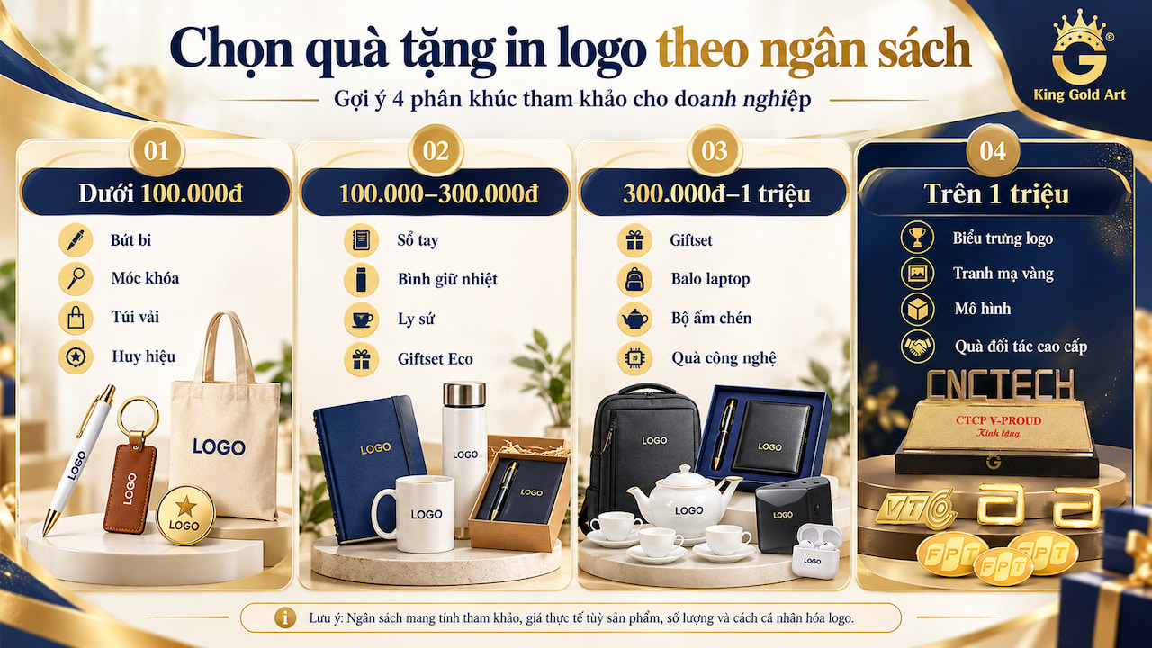 Infographic phân loại 50 quà tặng in logo theo bốn mức ngân sách từ dưới 100.000đ đến trên 1 triệu đồng