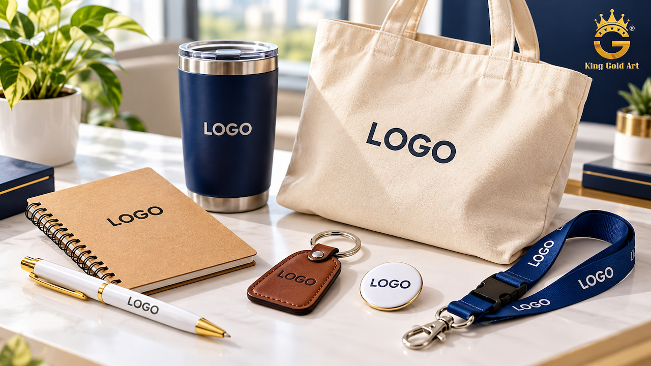 Infographic phân loại 50 quà tặng in logo theo bốn mức ngân sách từ dưới 100.000đ đến trên 1 triệu đồng