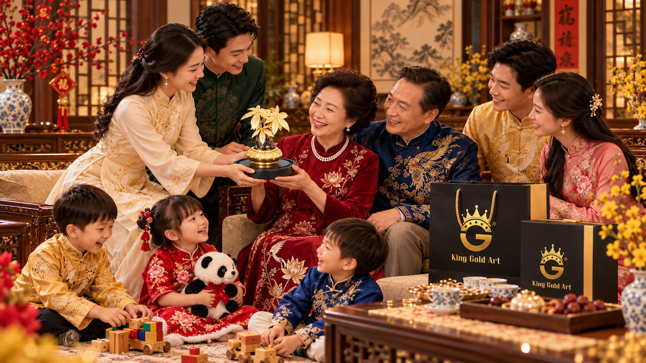 Con cái tặng quà 20/10 cho mẹ trong không gian gia đình ấm áp