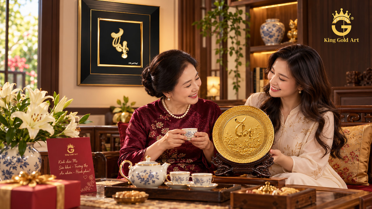 Tranh chữ Thọ mạ vàng mang lời chúc sức khỏe dành tặng mẹ