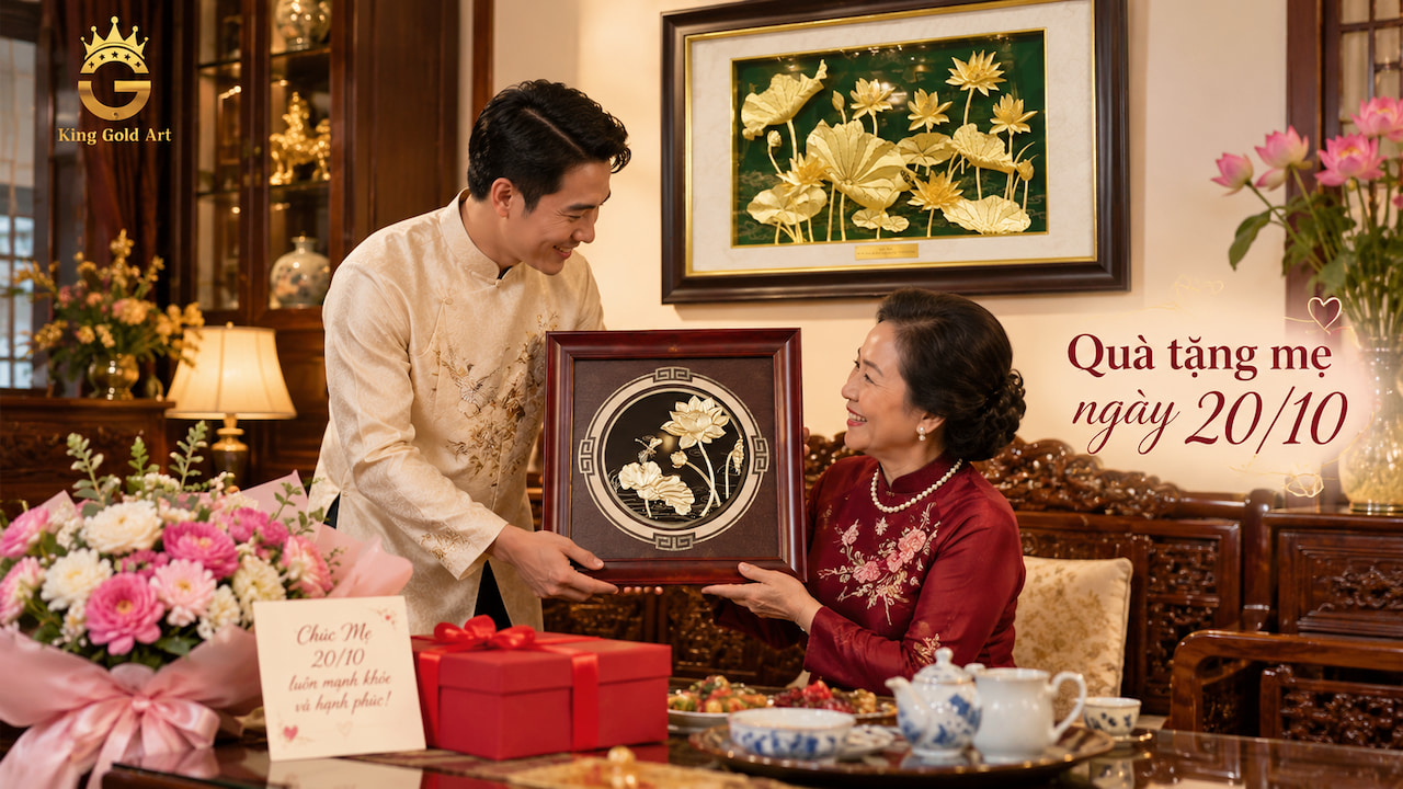 Tranh hoa sen mạ vàng King Gold Art làm quà tặng mẹ ngày 20/10