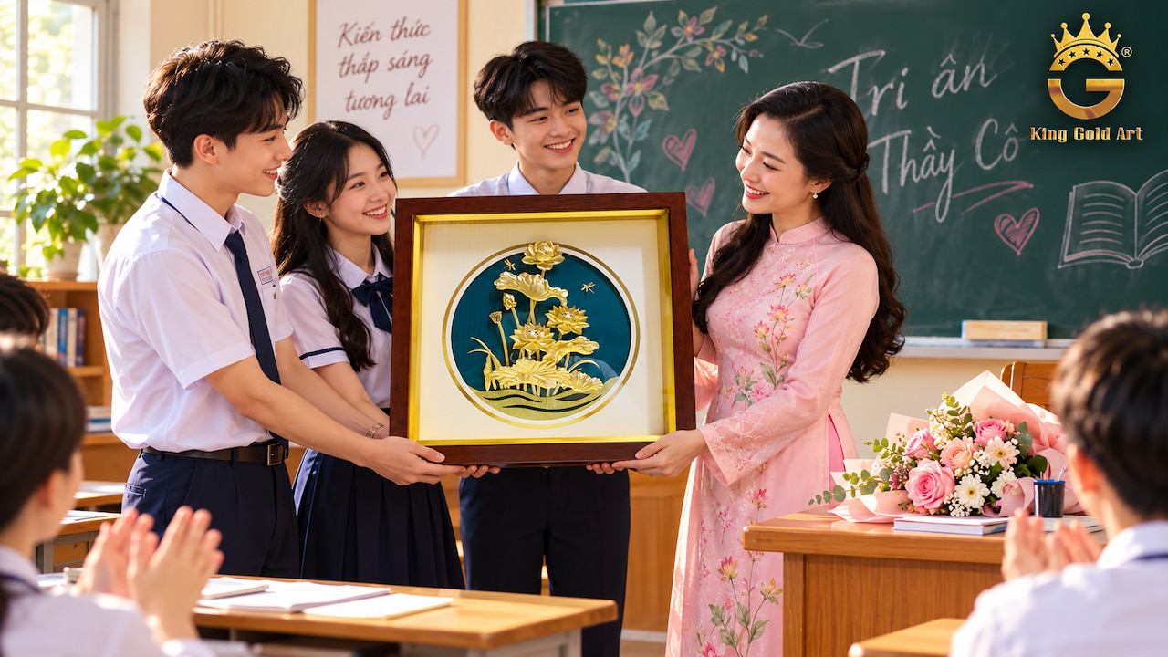 Tranh Hoa Sen mạ vàng làm quà tặng tri ân