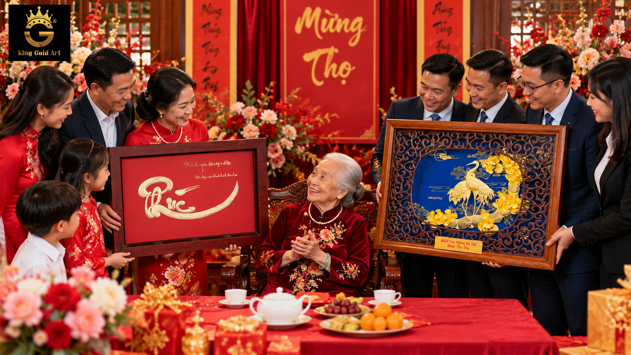 Tranh chữ Phúc Thọ và Tùng Hạc làm quà tặng