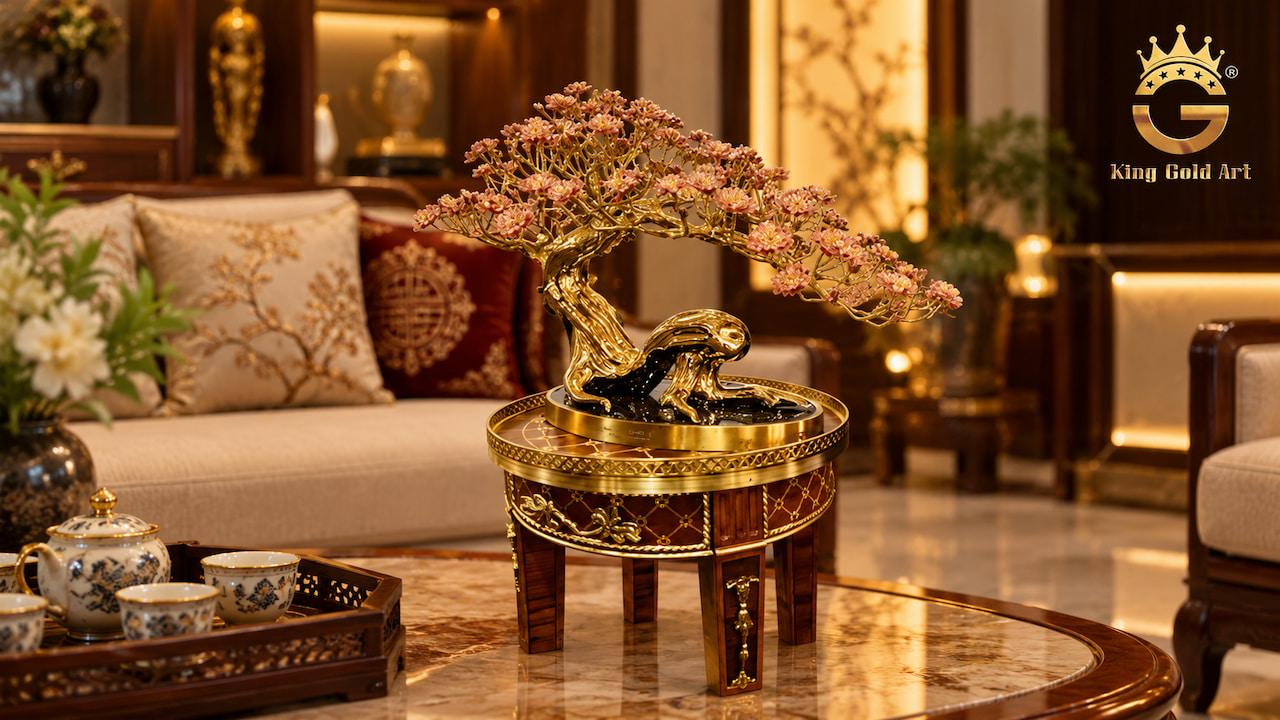 Cây Đào Kỳ Lân mạ vàng dáng bonsai làm quà tặng nghệ thuật