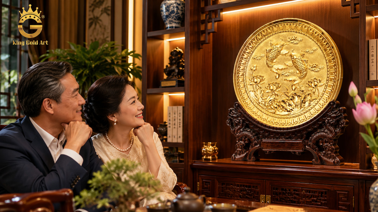 Đĩa Song Ngư Hoa Sen mạ vàng 24K làm quà tặng nghệ thuật
