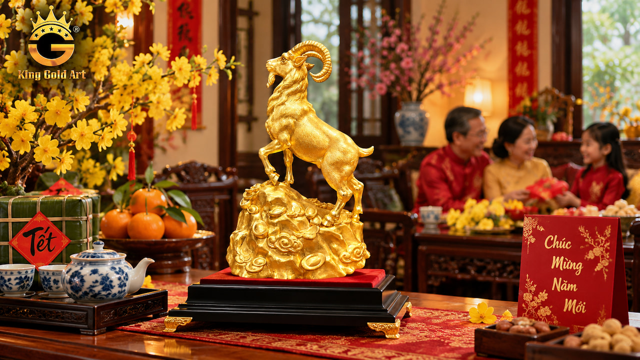 Tượng Sơn Dương Vọng Đỉnh mạ vàng King Gold Art làm quà Tết Đinh Mùi 2027